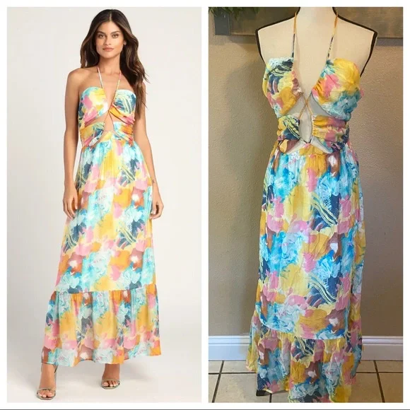 Lulus | Dresses | Nwot Lulus Stunning One Multi Abstract Print Drawstring  Halter Midi Dress | Poshmark